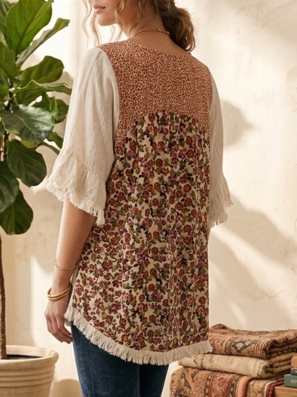 Umgee Boho Mixed Print Colorblock Fringe Hem Tunic Top Oversized